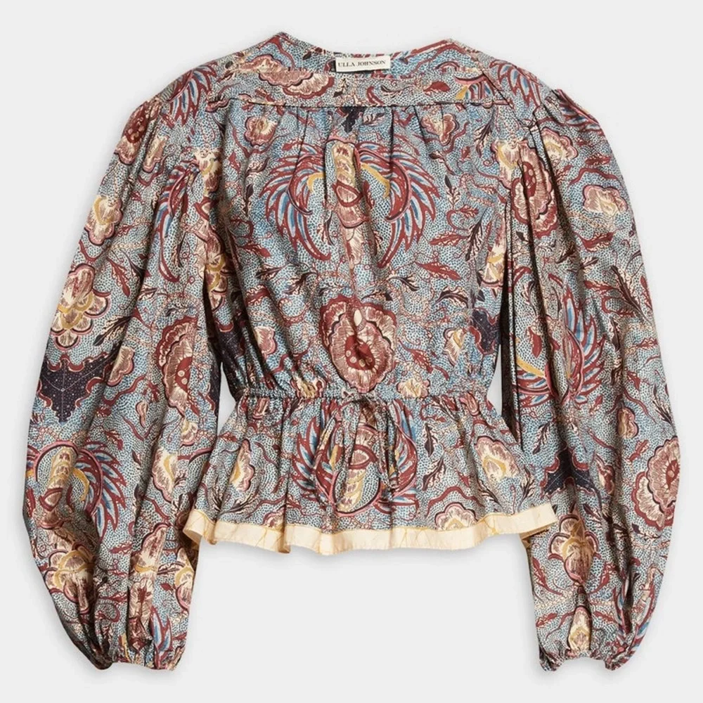 NWT Ulla Johnson Slate blue/grey red Mireya peplum cotton blouse